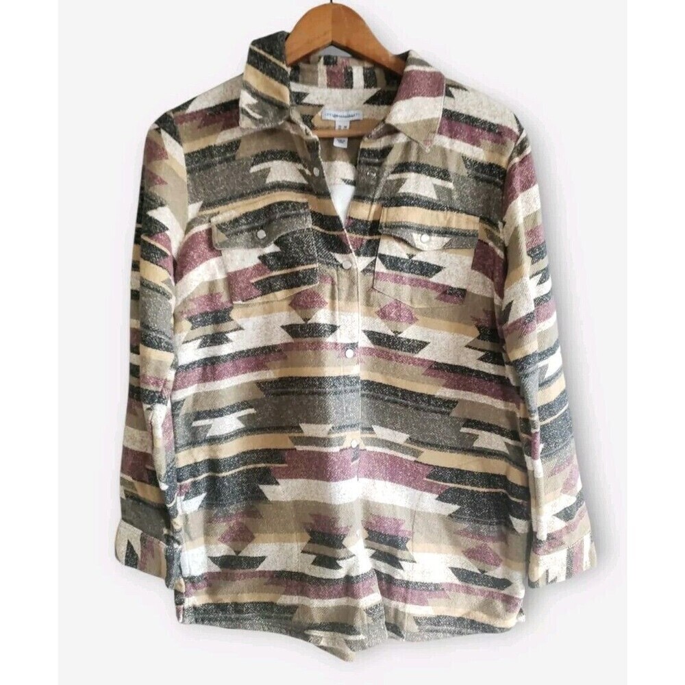 Canyon Retreat Top Womens Small Brown Aztec Tribal Flannel Shacket Pearl Button